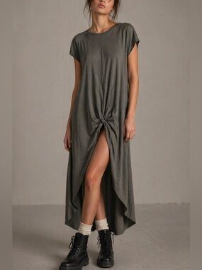 Neiman Marcus Knot Front T-shirt Dress M Olive Green High Low Draped Hem Grunge